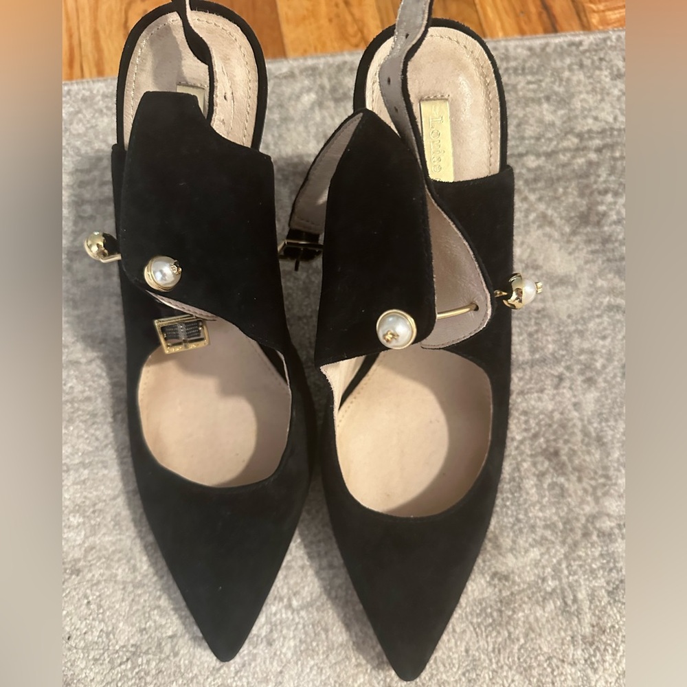 Louise et Cie Black Heels Suede Leather Pearl Clasp Open Heal Pear